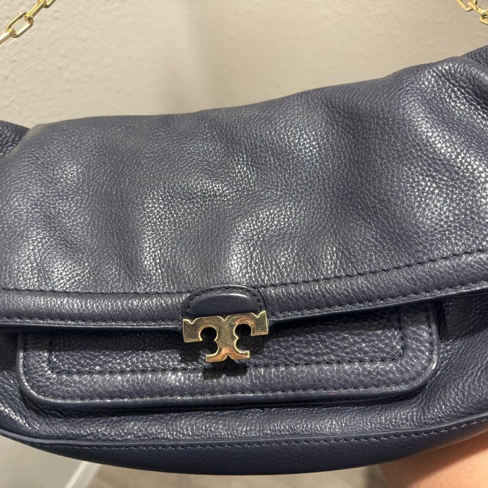 Tory Burch Navy Leather Fold Over Shoulder Bag